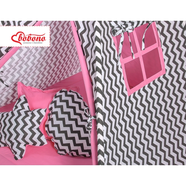 MEGA TIPI SET: Tipi-tent + speelmat + kussens + GRATIS decoratieve veren Roze Zwart Zigzag