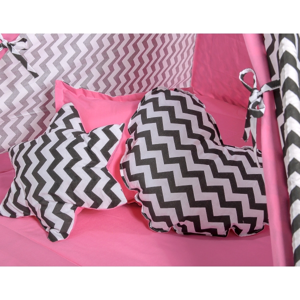 MEGA TIPI SET: Tipi-tent + speelmat + kussens + GRATIS decoratieve veren Roze Zwart Zigzag