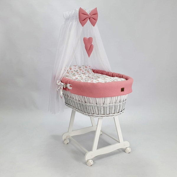 Rotan Baby Wiegje met komplet Textiel - Poederroze Wafel