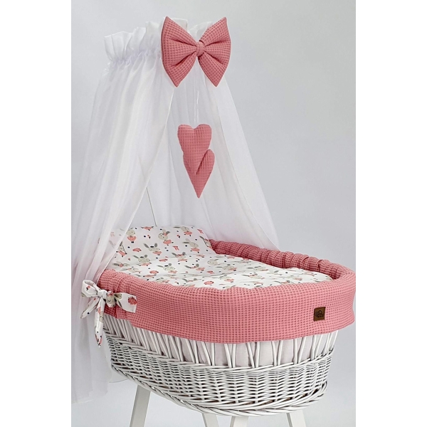 Rotan Baby Wiegje met komplet Textiel - Poederroze Wafel