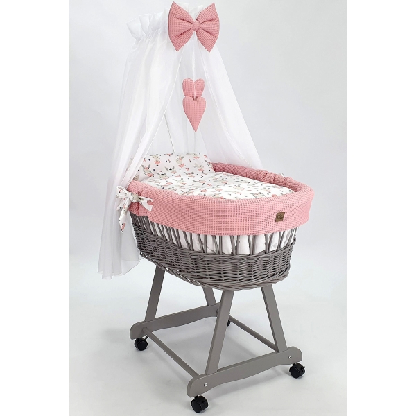 Rotan Baby Wiegje met Textiel Poederroze Volledige Set