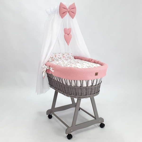 Rotan Baby Wiegje met Textiel Poederroze Volledige Set