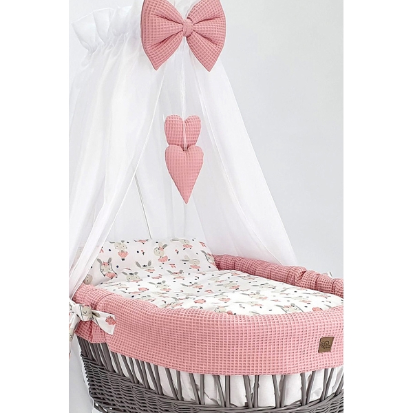 Rotan Baby Wiegje met Textiel Poederroze Volledige Set